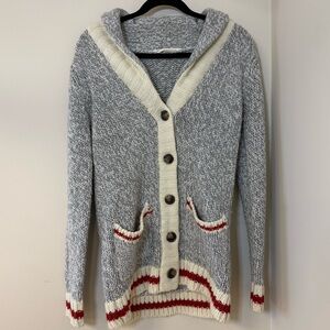 Bluenotes Cabin Sock Monkey Style Button Up Cardigan Sweater Grey & Red Stripes